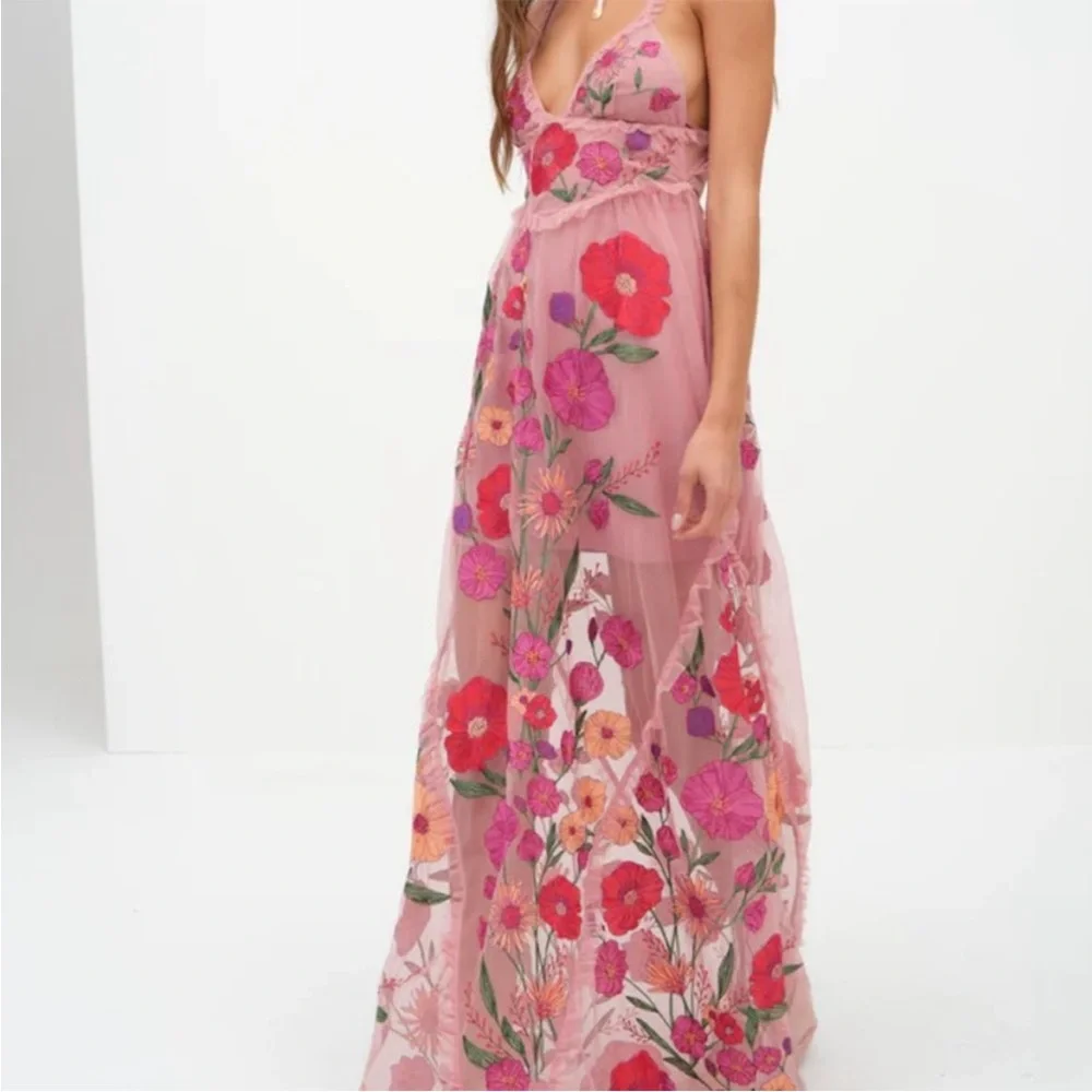 For Love & Lemons Pink Floral Embroidered Tulle Maxi Dress - Picture 1 of 4